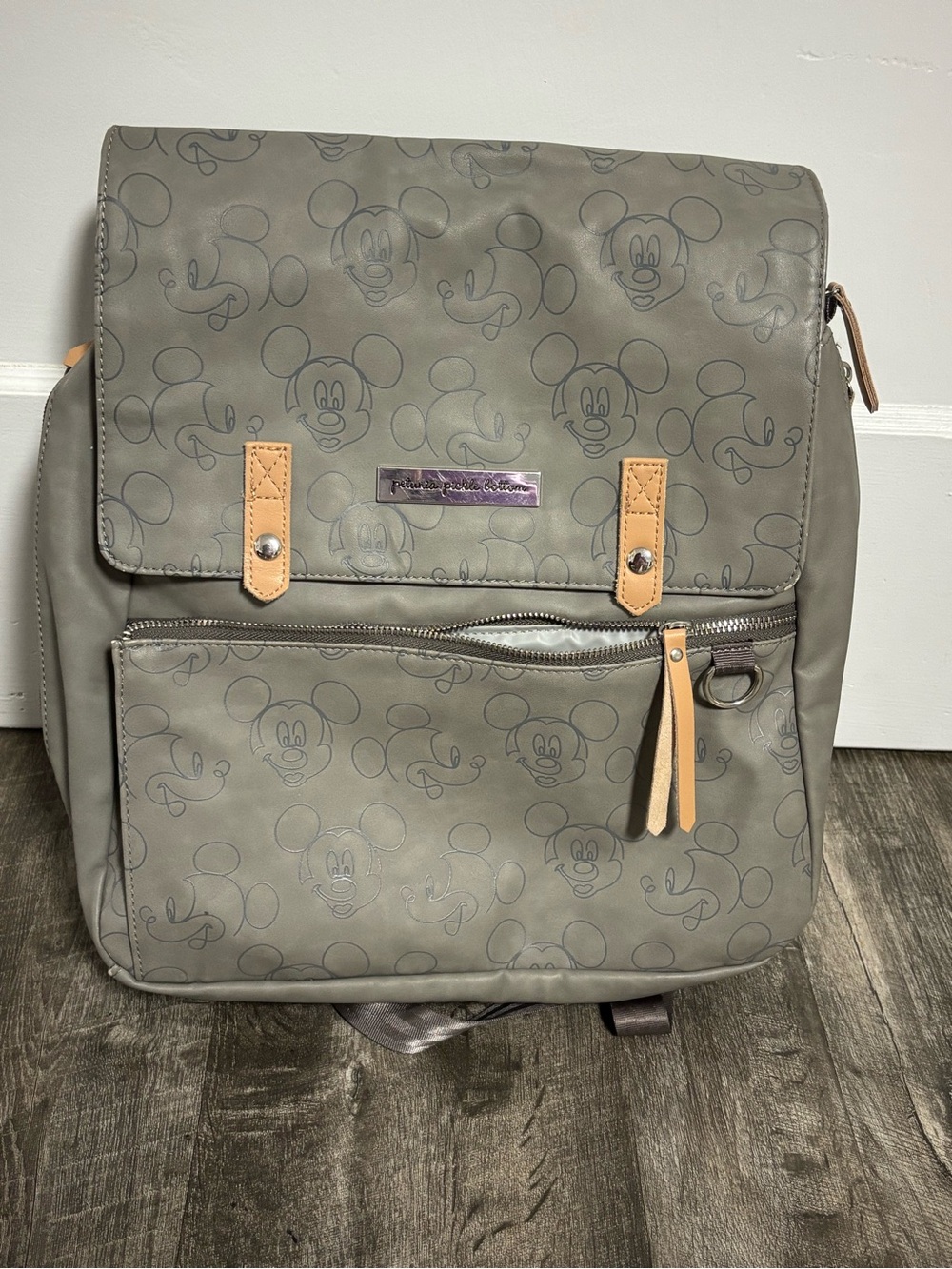 Petunia Pickle Bottom Gray Mickey Mouse Print Backpack with Tan Accents